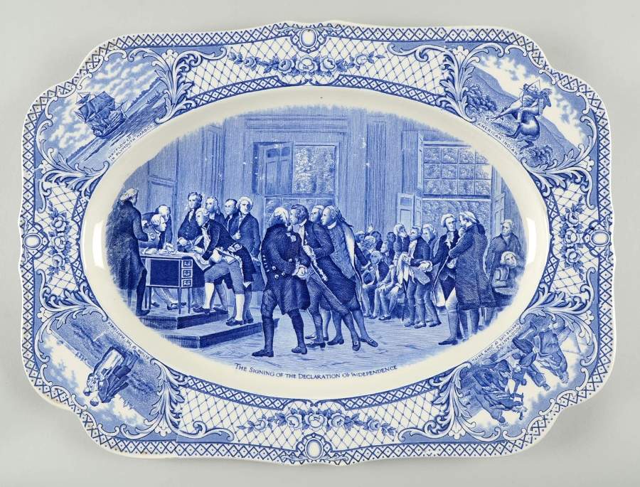 Colonial Times Blue (Floral & Scene Border) 16" Oval Serving Platter by Crown Ducal-1