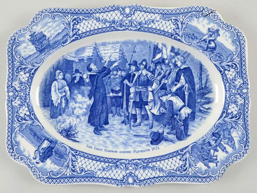 Colonial Times Blue (Floral & Scene Border) 12" Oval Serving Platter by Crown Ducal-1