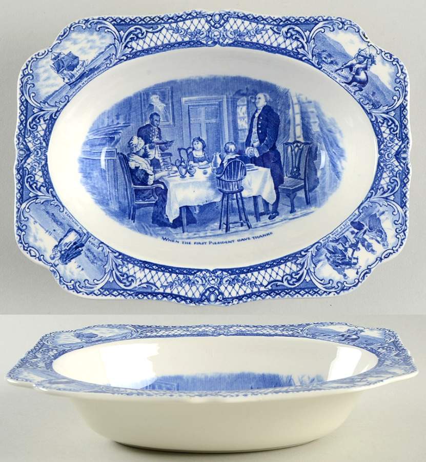 Colonial Times Blue (Floral & Scene Border) 9" Oval Vegetable Bowl by Crown Ducal-1