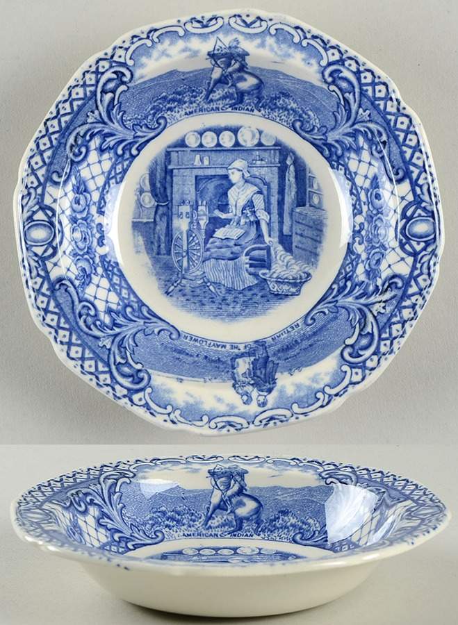 Colonial Times Blue (Floral & Scene Border) Rim Fruit/Dessert (Sauce) Bowl by Crown Ducal-1