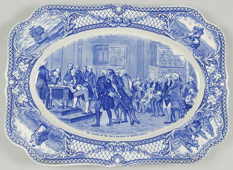 Colonial Times Blue (Floral & Scene Border) 14" Oval Serving Platter by Crown Ducal-1