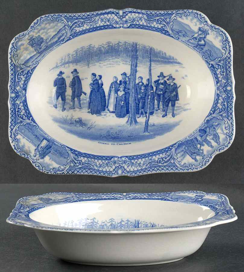 Colonial Times Blue (Floral & Scene Border) 9" Oval Vegetable Bowl by Crown Ducal-1