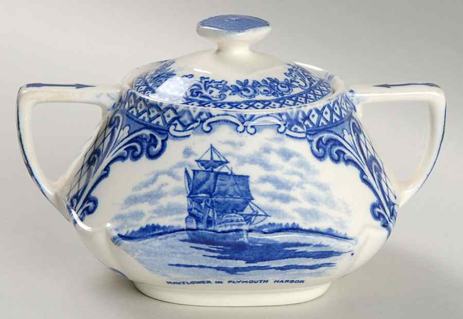 Colonial Times Blue (Floral & Scene Border) Square Sugar Bowl & Lid by Crown Ducal-1