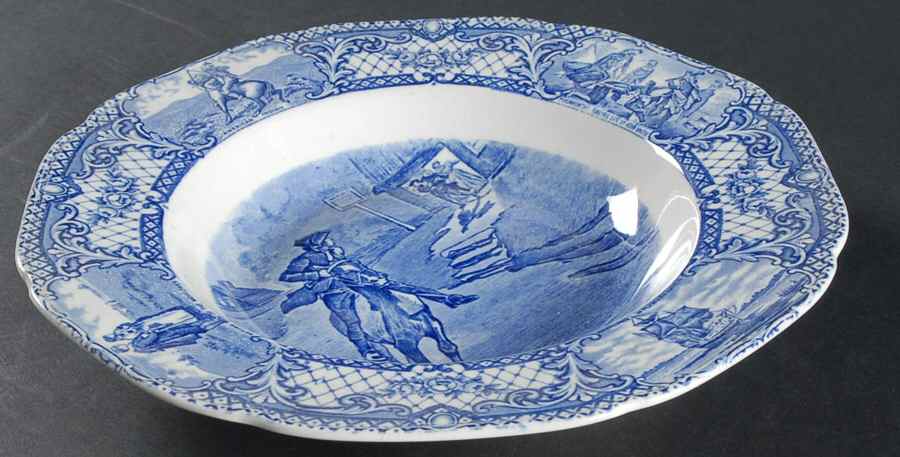 Colonial Times Blue (Floral & Scene Border) Large Rim Soup Bowl by Crown Ducal-1