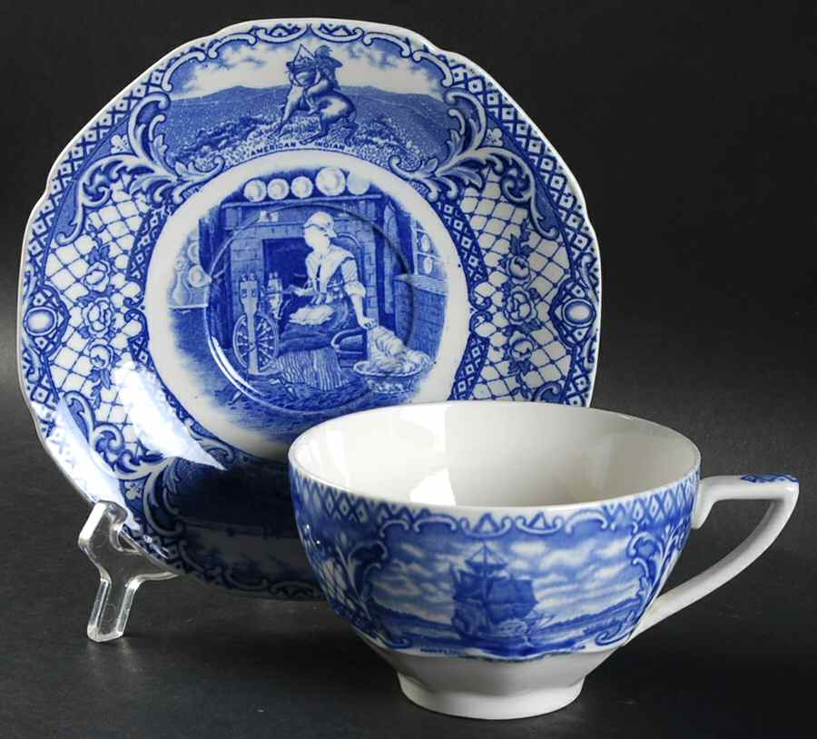 Colonial Times Blue (Floral & Scene Border) Oversized Cup & Saucer Set by Crown Ducal-1