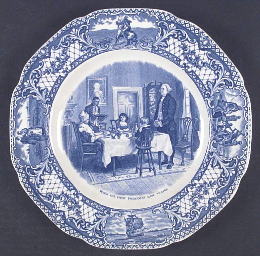 Colonial Times Blue (Floral & Scene Border) Dinner Plate by Crown Ducal-1