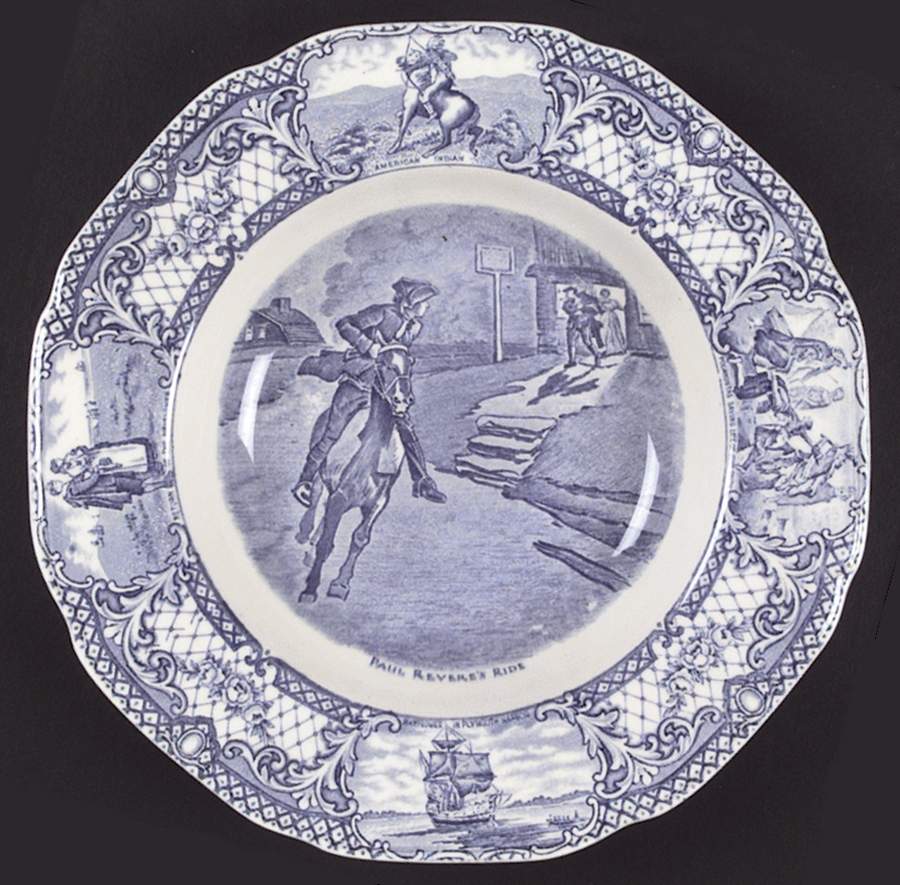 Colonial Times Blue (Floral & Scene Border) Rim Soup Bowl by Crown Ducal-1