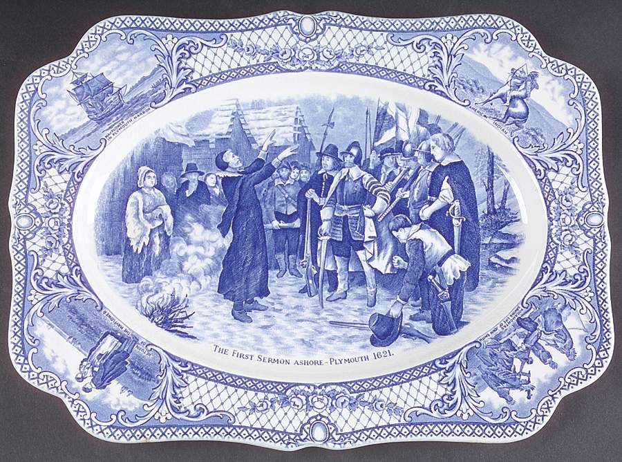 Colonial Times Blue (Floral & Scene Border) 10" Oval Serving Platter by Crown Ducal-1