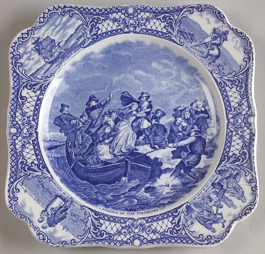 Colonial Times Blue (Floral & Scene Border) Square Luncheon Plate by Crown Ducal-1