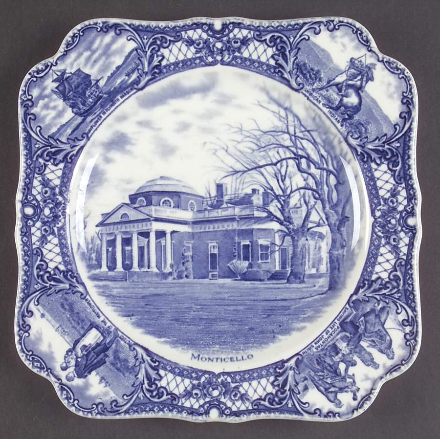 Colonial Times Blue (Floral & Scene Border) Square Luncheon Plate by Crown Ducal-1