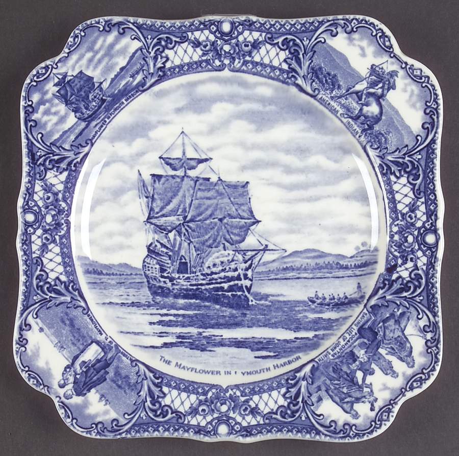 Colonial Times Blue (Floral & Scene Border) Square Luncheon Plate by Crown Ducal-1