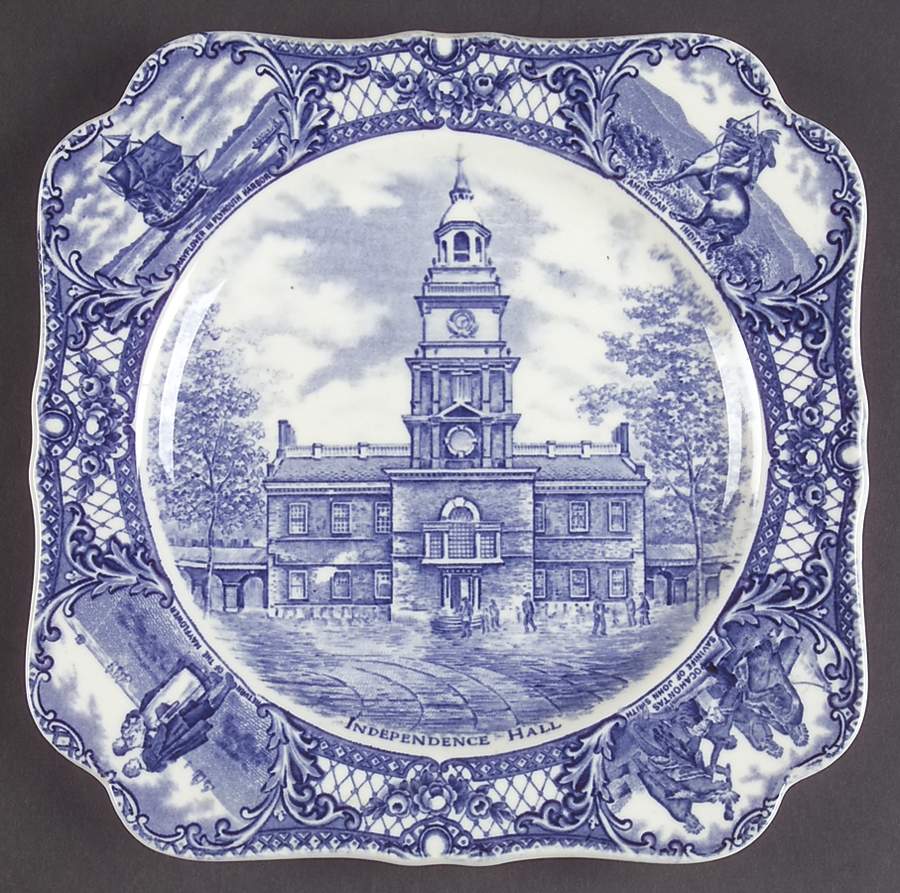 Colonial Times Blue (Floral & Scene Border) Square Luncheon Plate by Crown Ducal-1