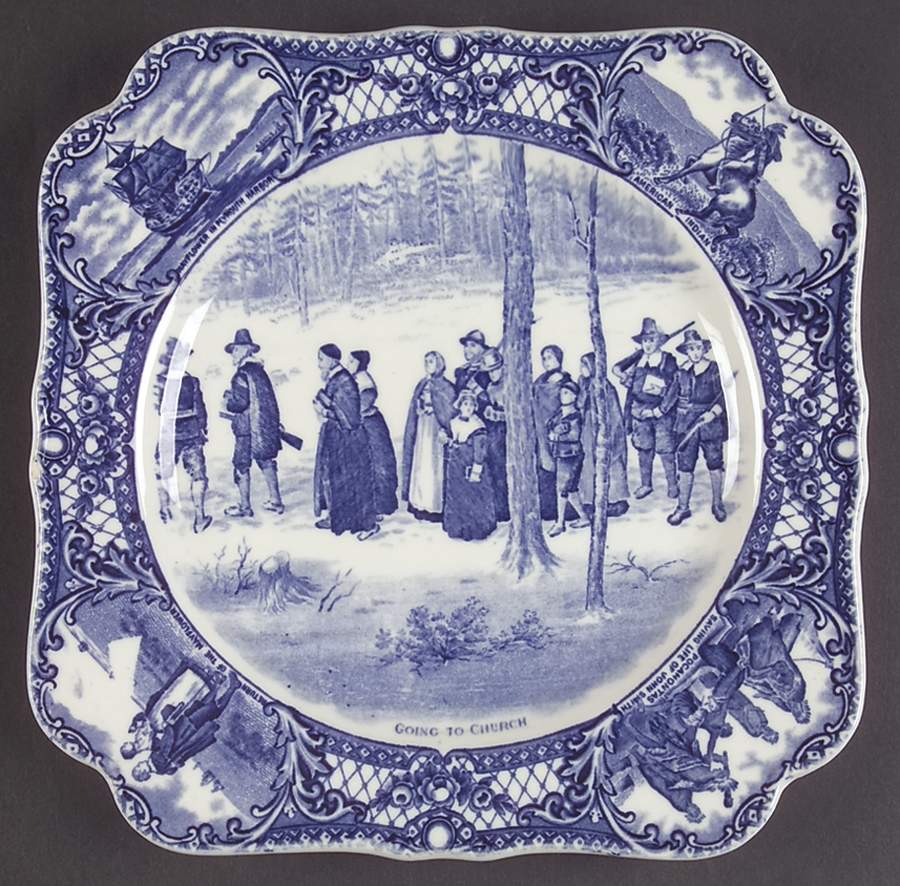 Colonial Times Blue (Floral & Scene Border) Square Luncheon Plate by Crown Ducal-1