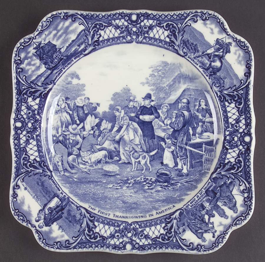 Colonial Times Blue (Floral & Scene Border) Square Luncheon Plate by Crown Ducal-1