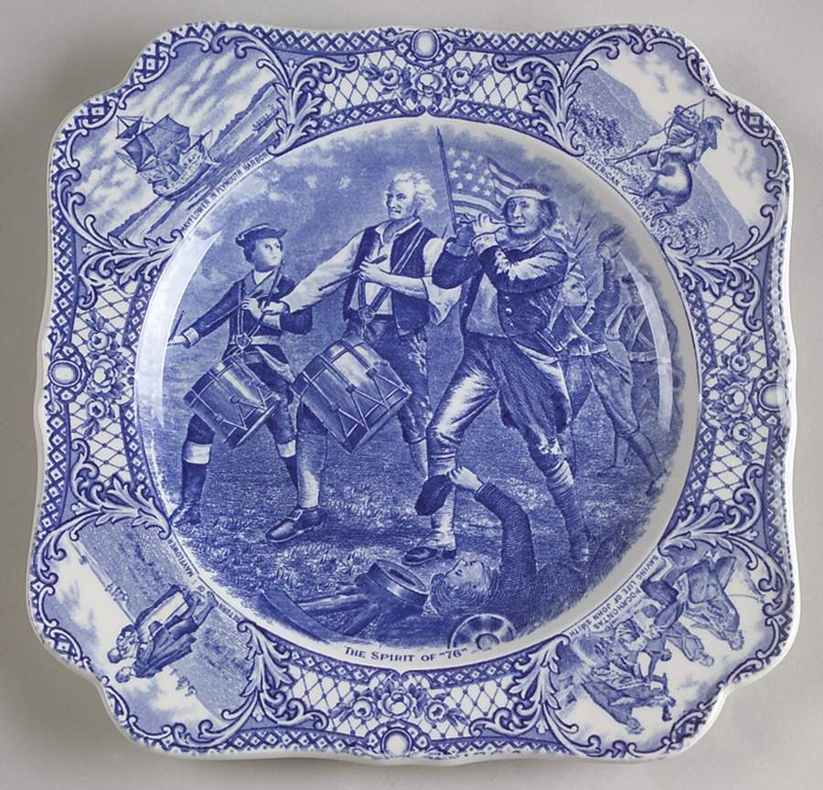 Colonial Times Blue (Floral & Scene Border) Square Luncheon Plate by Crown Ducal-1