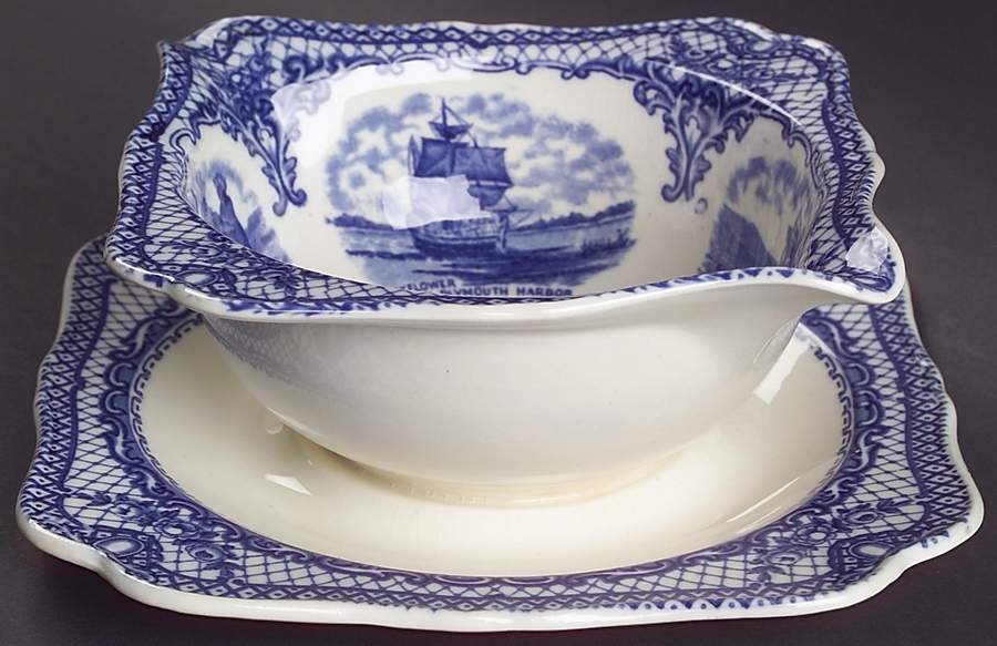 Colonial Times Blue (Floral & Scene Border) Gravy Boat with Attached Underplate by Crown Ducal-1