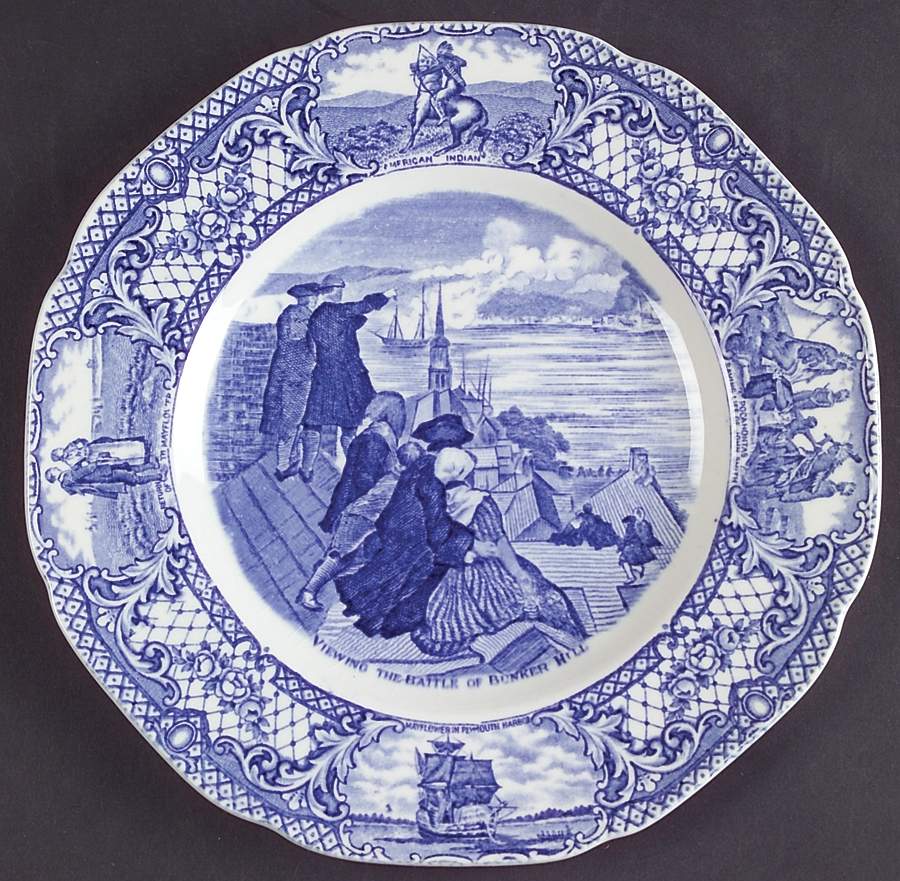 Colonial Times Blue (Floral & Scene Border) Dessert/Pie Plate by Crown Ducal-1