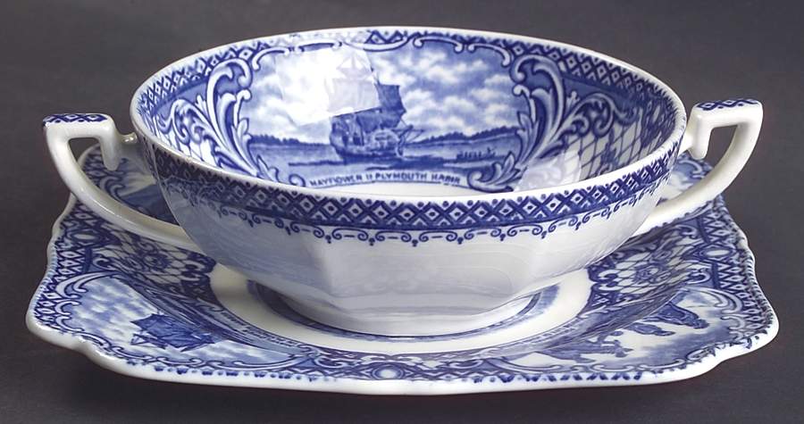 Colonial Times Blue (Floral & Scene Border) Flat Cream Soup Bowl & Saucer Set by Crown Ducal-1