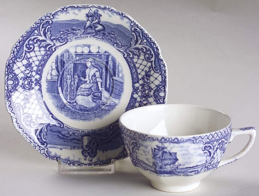 Colonial Times Blue (Floral & Scene Border) Flat Cup & Saucer Set by Crown Ducal-1
