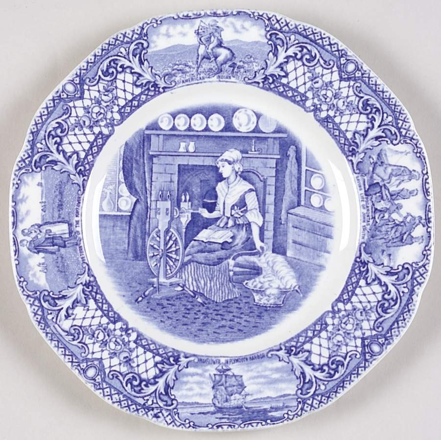 Colonial Times Blue (Floral & Scene Border) Bread & Butter Plate by Crown Ducal-1