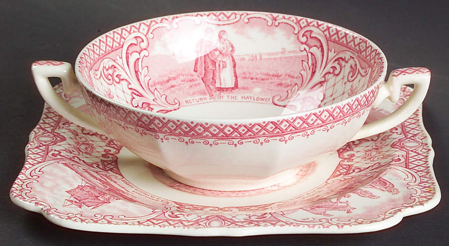 Colonial Times Pink (Scalloped) Flat Cream Soup Bowl & Saucer Set by Crown Ducal-1