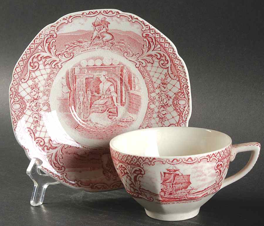 Colonial Times Pink (Scalloped) Flat Cup & Saucer Set by Crown Ducal-1