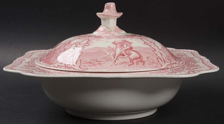 Colonial Times Pink (Scalloped) Square Covered Vegetable by Crown Ducal-1