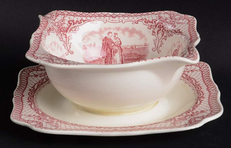 Colonial Times Pink (Scalloped) Gravy Boat with Attached Underplate by Crown Ducal-1