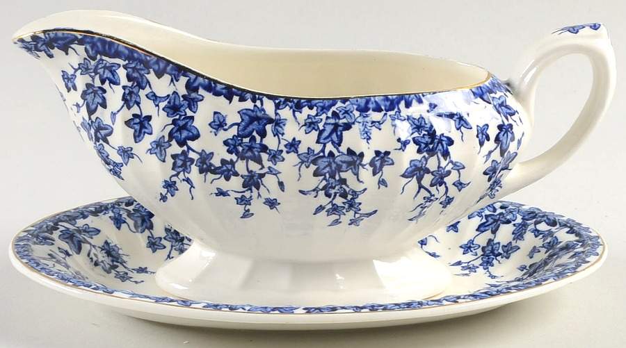 Early English Ivy Dark Blue Gravy Boat & Underplate/Relish by Crown Ducal-1