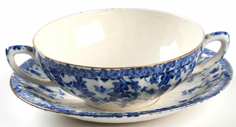 Early English Ivy Dark Blue Flat Cream Soup Bowl & Saucer Set by Crown Ducal-1