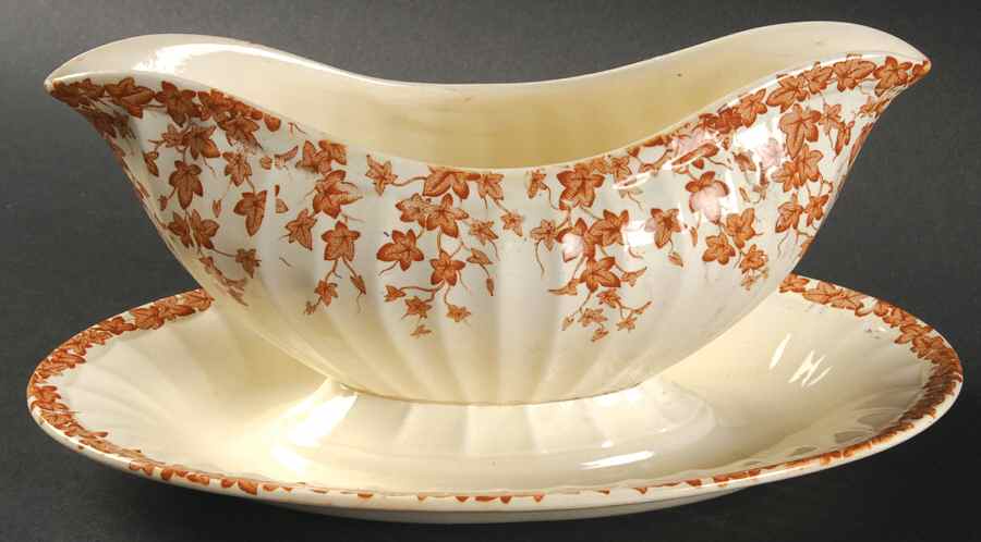 Early English Ivy Brown (Smooth) Gravy Boat with Attached Underplate by Crown Ducal-1