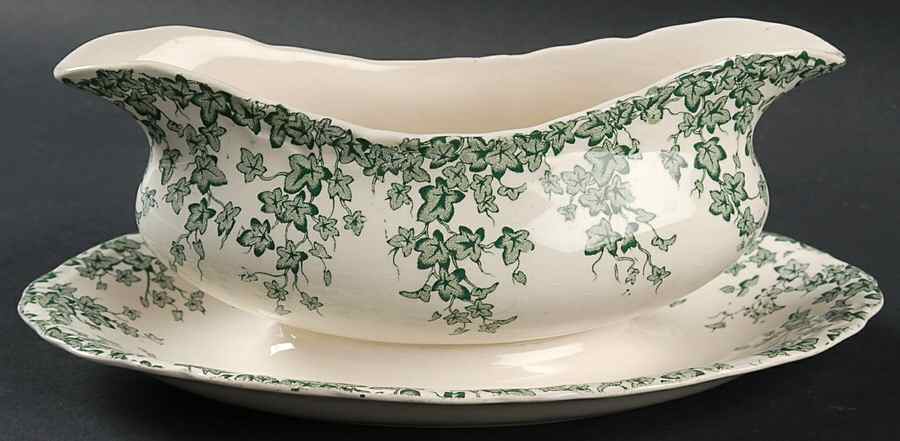 Early English Ivy Green Gravy Boat with Attached Underplate by Crown Ducal-1