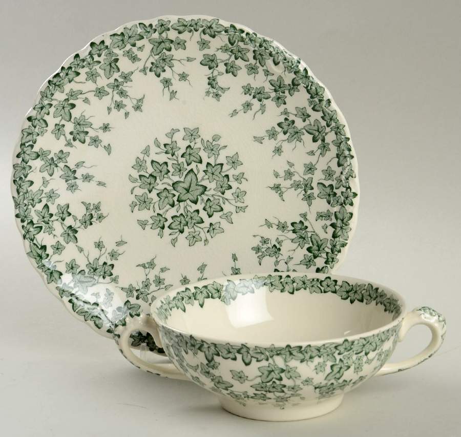 Early English Ivy Green Footed Cream Soup Bowl & Saucer Set by Crown Ducal-1