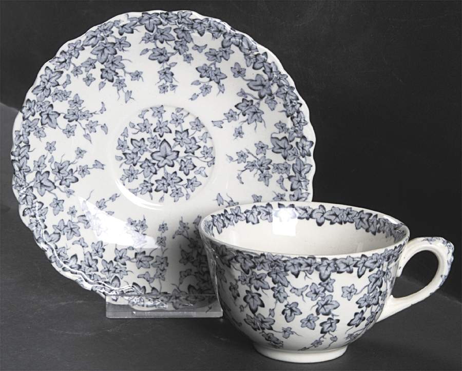 Early English Ivy Blue Gray (Scalloped) Flat Cup & Saucer Set by Crown Ducal-1