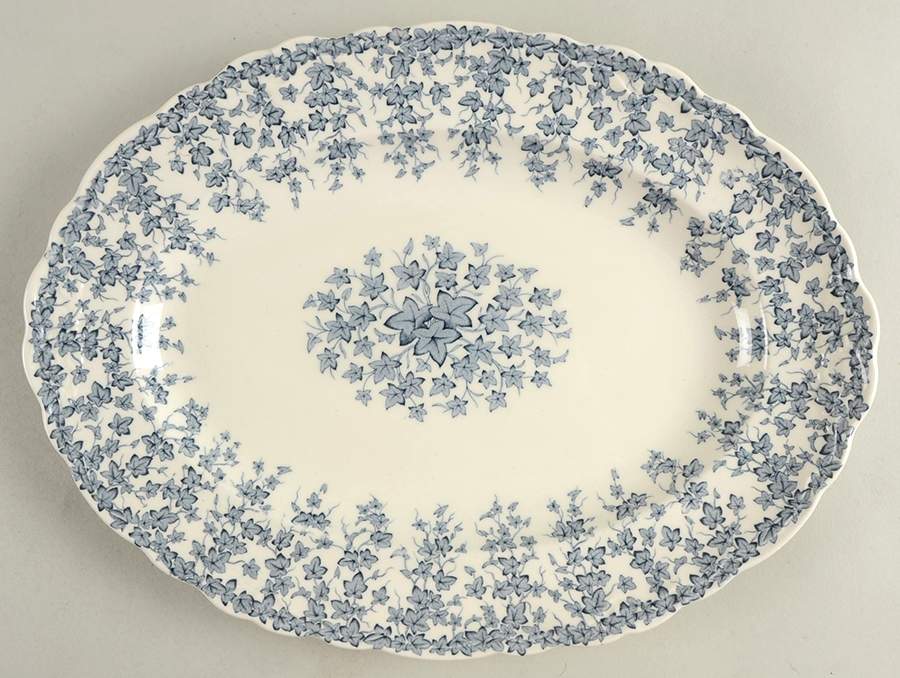 Early English Ivy Blue Gray (Scalloped) 14" Oval Serving Platter by Crown Ducal-1