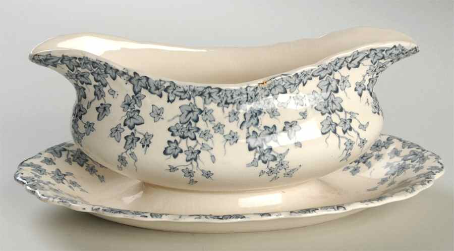 Early English Ivy Blue Gray (Scalloped) Gravy Boat with Attached Underplate by Crown Ducal-1