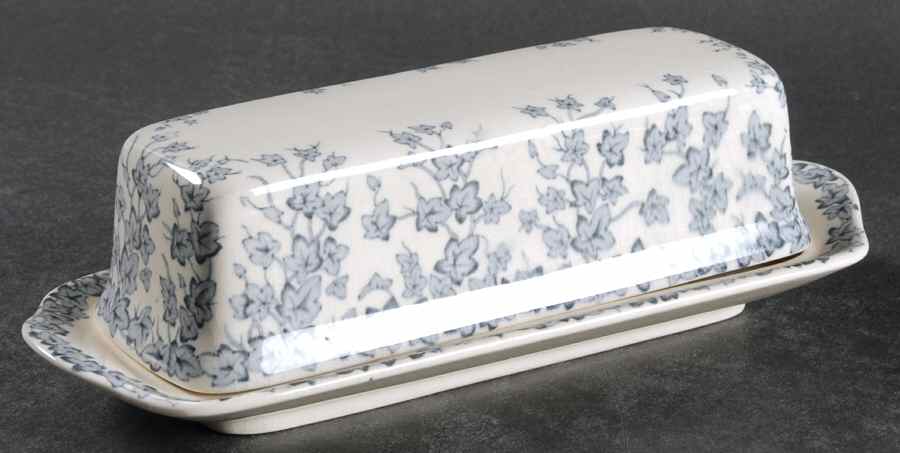 Early English Ivy Blue Gray (Scalloped) 1/4 Lb Covered Butter by Crown Ducal-1