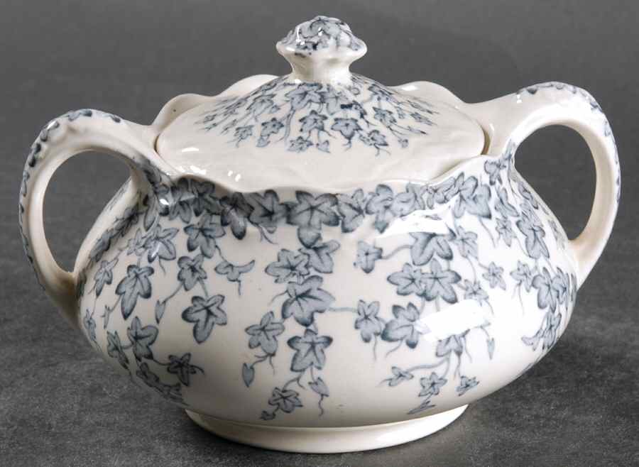 Early English Ivy Blue Gray (Scalloped) Sugar Bowl & Lid by Crown Ducal-1