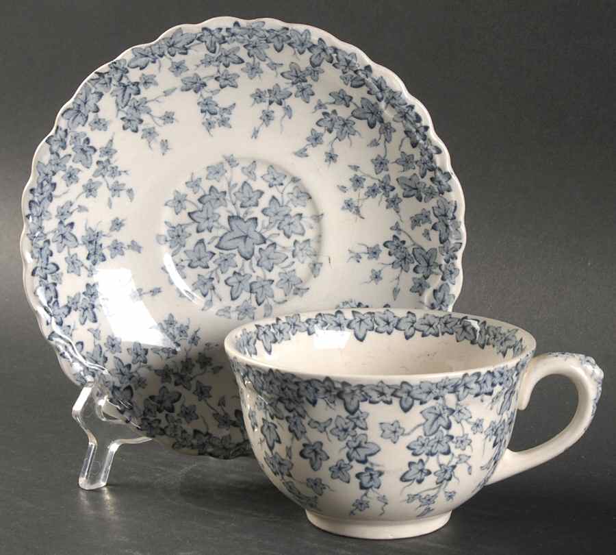 Early English Ivy Blue Gray (Scalloped) Oversized Cup & Saucer Set by Crown Ducal-1