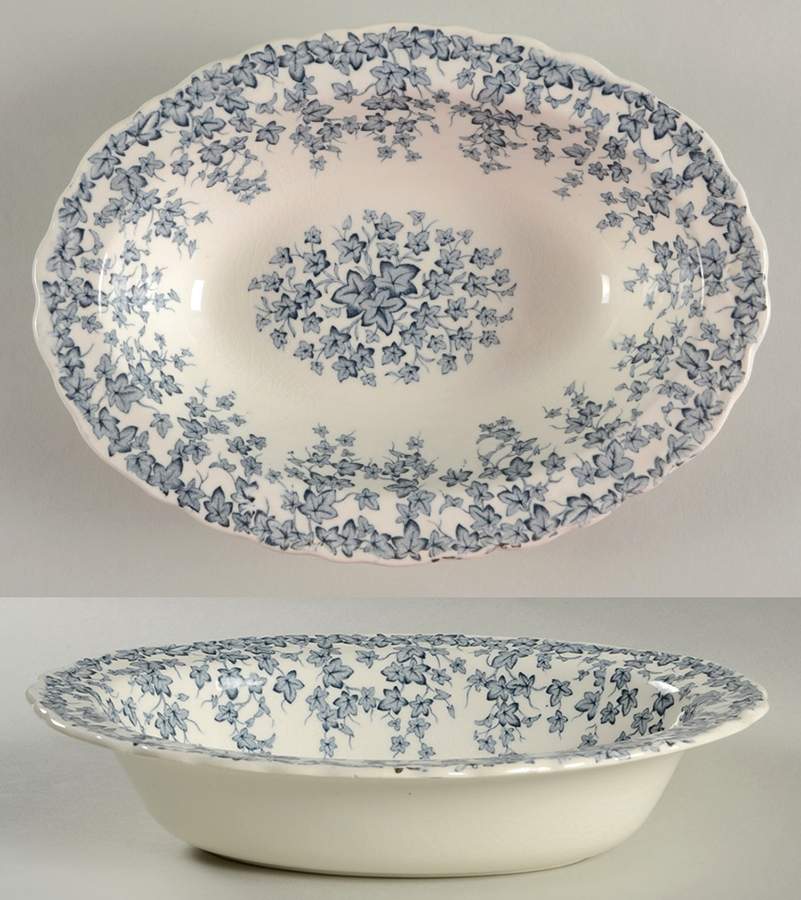 Early English Ivy Blue Gray (Scalloped) 9" Oval Vegetable Bowl by Crown Ducal-1