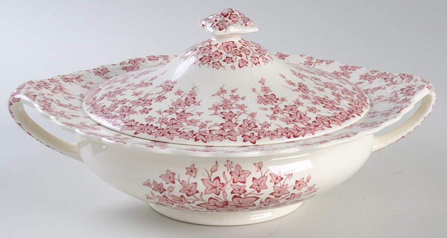 Early English Ivy Pink (Scalloped) Round Covered Vegetable by Crown Ducal-1