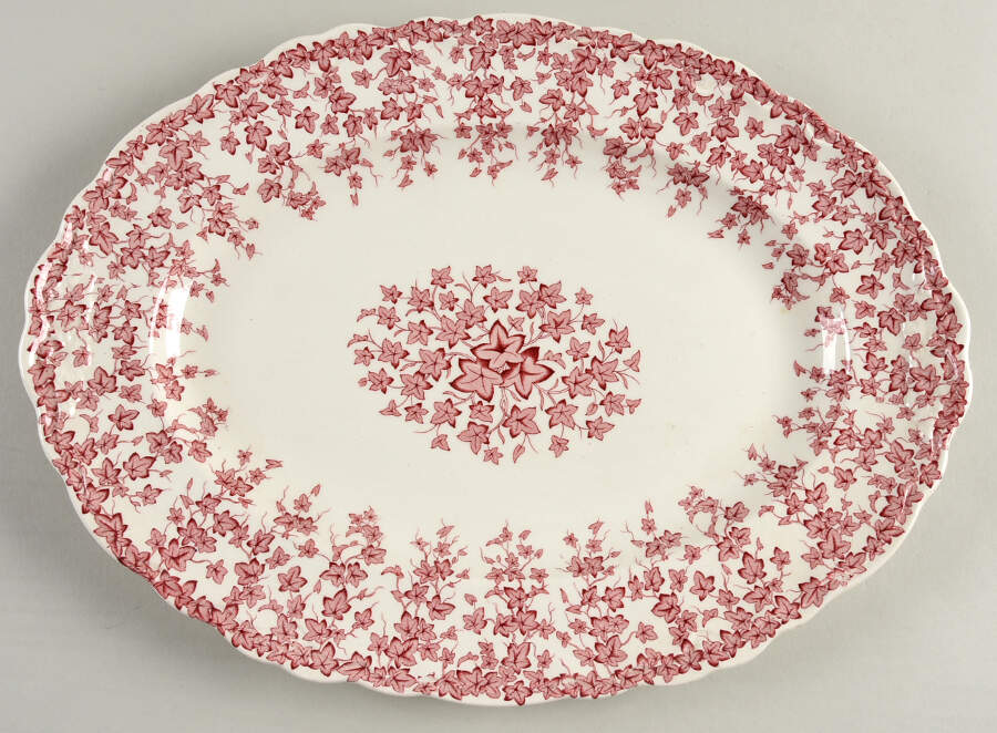 Early English Ivy Pink (Scalloped) 14" Oval Serving Platter by Crown Ducal-1