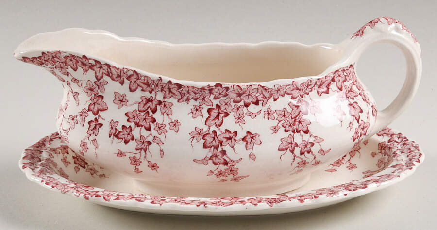 Early English Ivy Pink (Scalloped) Gravy Boat & Underplate by Crown Ducal-1