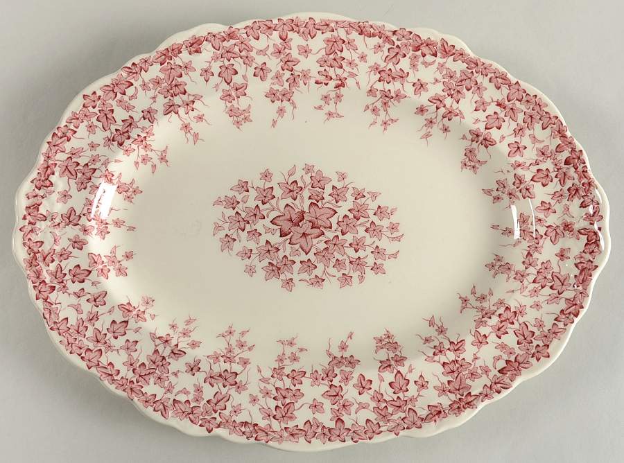 Early English Ivy Pink (Scalloped) 12" Oval Serving Platter by Crown Ducal-1