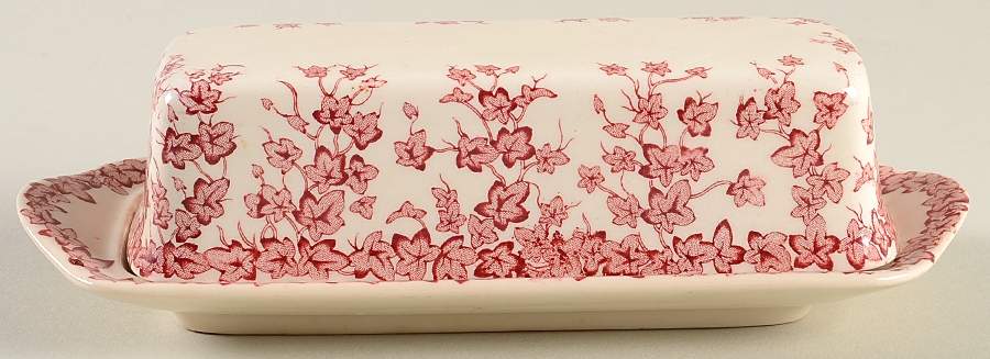 Early English Ivy Pink (Scalloped) 1/4 Lb Covered Butter by Crown Ducal-1
