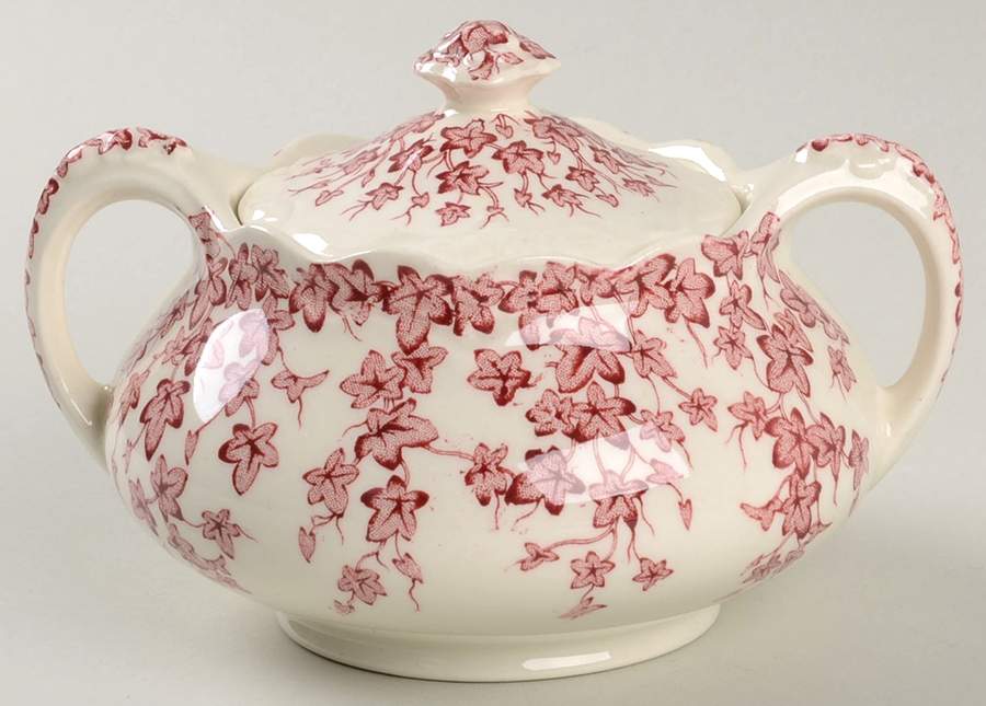 Early English Ivy Pink (Scalloped) Sugar Bowl & Lid by Crown Ducal-1
