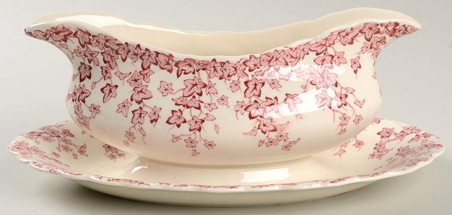 Early English Ivy Pink (Scalloped) Gravy Boat with Attached Underplate by Crown Ducal-1
