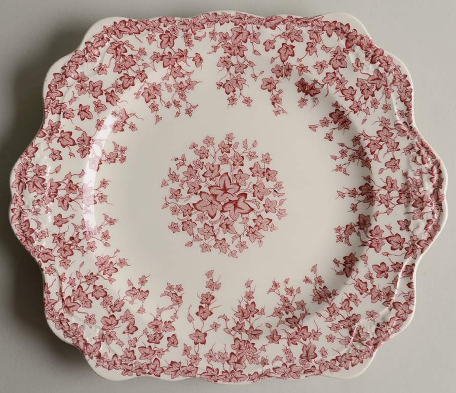 Early English Ivy Pink (Scalloped) Square Handled Cake Plate by Crown Ducal-1