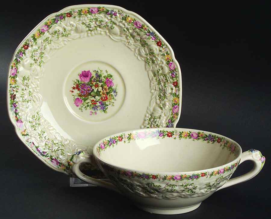 Ferncroft Flat Cream Soup Bowl & Saucer Set by Crown Ducal-1