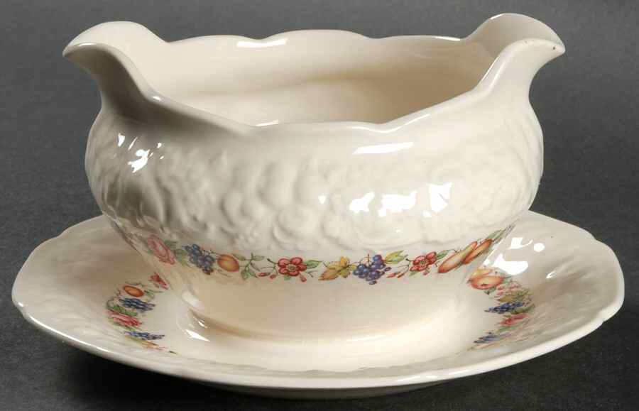 Florentine Garden (Colored Fruit) Gravy Boat with Attached Underplate by Crown Ducal-1
